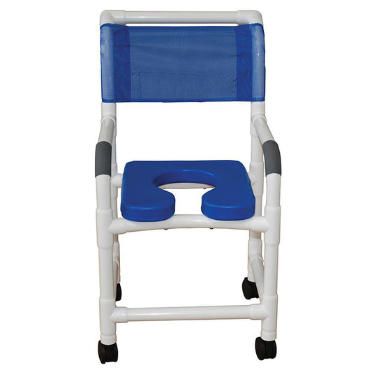 MJM International 118-3TW-SSDE-BL Shower Chair 18" Internal Width, 3" Twin Casters, Blue Open Front Soft Seat, 300 lbs Weight Capacity