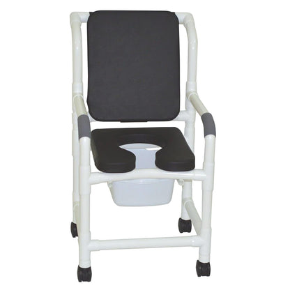 MJM International 118-3TW-SSDE-CBP-SQ-PAIL-BLK Shower Chair Deluxe Elongated Open Front Soft Seat, Cushioned Padded Back, 10 Qt Slide Out Commode Pail, 300 lbs Capacity