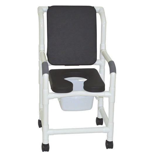 MJM International 118-3TW-SSDE-CBP-SQ-PAIL-BLK Shower Chair Deluxe Elongated Open Front Soft Seat, Cushioned Padded Back, 10 Qt Slide Out Commode Pail, 300 lbs Capacity