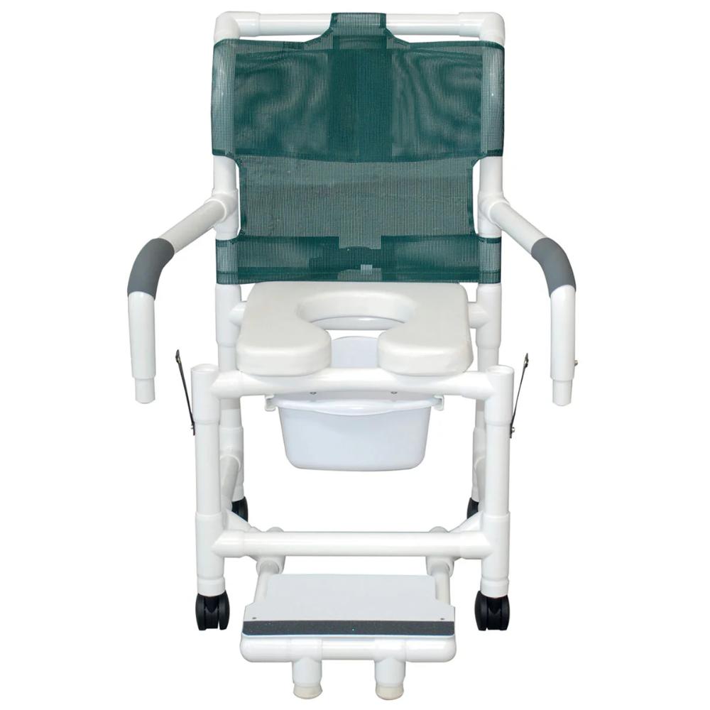 MJM International 118-3TW-SSDE-DDA-SFS-SQ-PAIL Shower Chair Double Drop Arms, Slide Out Footrest w/ Supports, 10 Qt Slide Out Square Commode Pail, 300 Lbs Weight Capacity