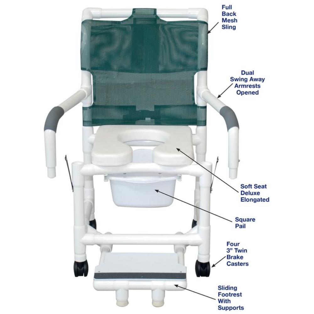 MJM International 118-3TW-SSDE-DDA-SFS-SQ-PAIL Shower Chair Double Drop Arms, Slide Out Footrest w/ Supports, 10 Qt Slide Out Square Commode Pail, 300 Lbs Weight Capacity