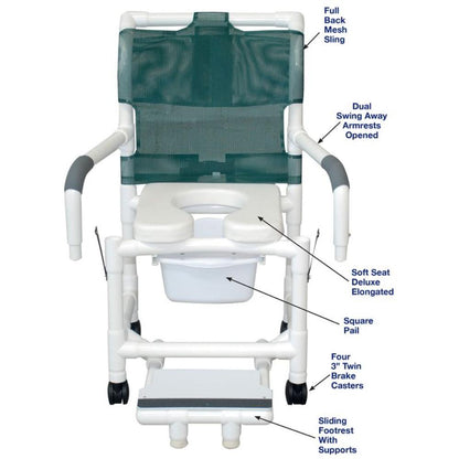 MJM International 118-3TW-SSDE-DDA-SFS-SQ-PAIL Shower Chair Double Drop Arms, Slide Out Footrest w/ Supports, 10 Qt Slide Out Square Commode Pail, 300 Lbs Weight Capacity