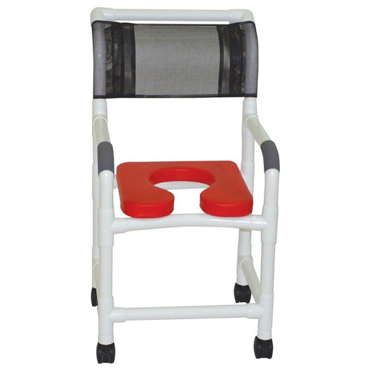 MJM International 118-3TW-SSDE-RED Shower Chair 18" Internal Width, 3" Twin Casters, Red Open Front Soft Seat, 300 lbs Weight Capacity