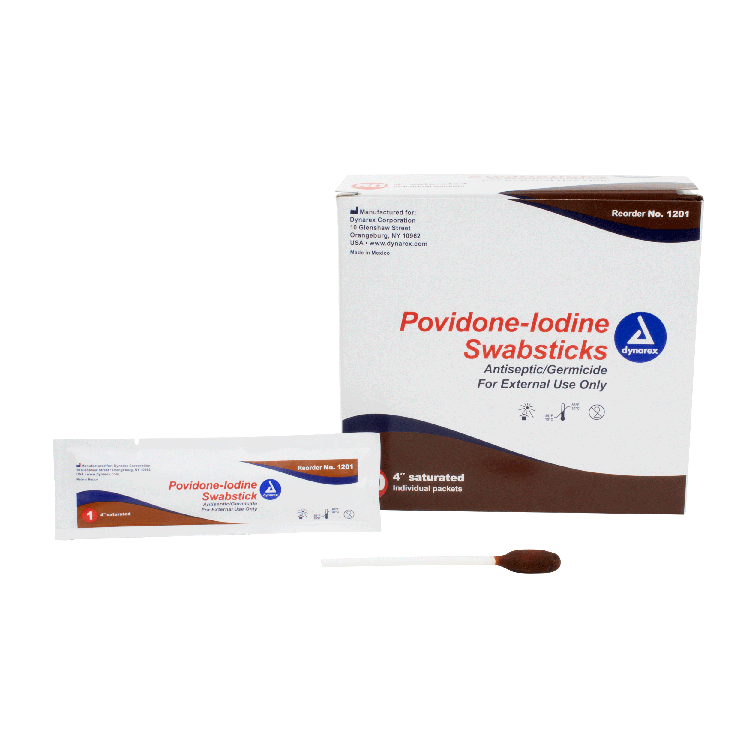 Dynarex Povidone Iodine Swabsticks, 1 Swabstick per Packet, 10 bxs/case (500 Count)