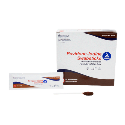 Dynarex Povidone Iodine Swabsticks, 1 Swabstick per Packet, 10 bxs/case (500 Count)