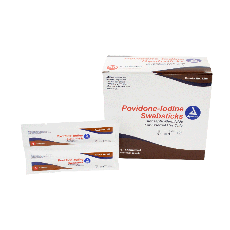 Dynarex Povidone Iodine Swabsticks, 1 Swabstick per Packet, 10 bxs/case (500 Count)