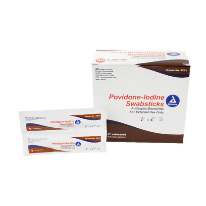 Dynarex Povidone Iodine Swabsticks, 1 Swabstick per Packet, 10 bxs/case (500 Count)
