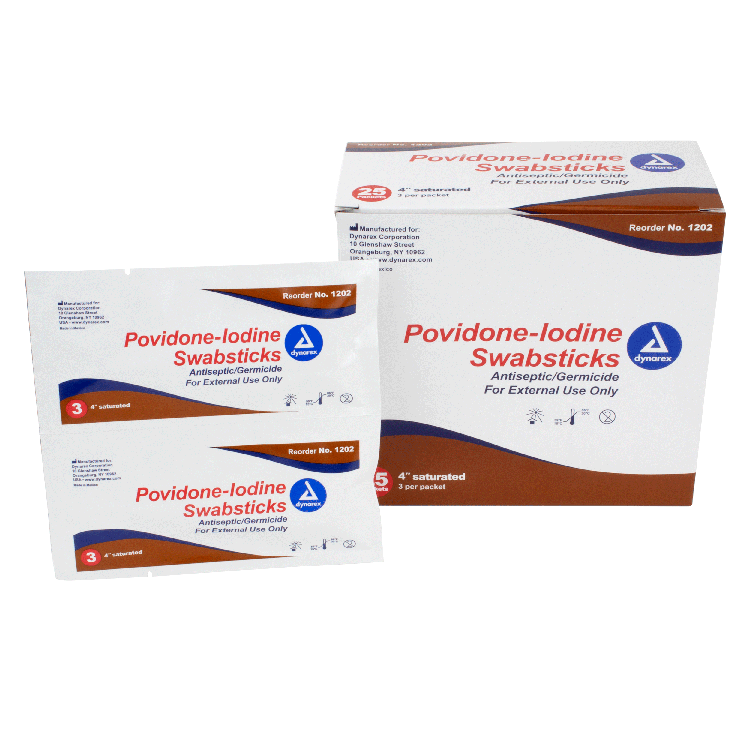 Dynarex Povidone Iodine Swabsticks, 3 Swabsticks per Packet, 10bxs/case (250 Count)