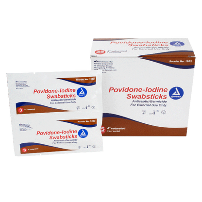 Dynarex Povidone Iodine Swabsticks, 3 Swabsticks per Packet, 10bxs/case (250 Count)