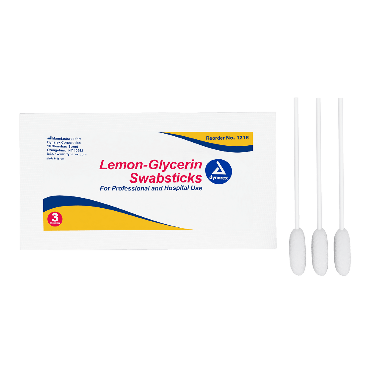 Dynarex Lemon-Glycerin Swabsticks, 3 Swabsticks per Packet, 10bxs/case (250 Count)