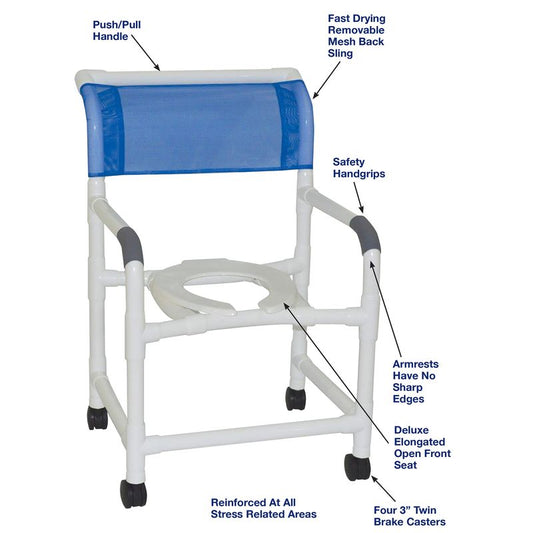 MJM International 122-3TW Wide Shower Chair 22" Internal Width, Open Front Seat, 3" Twin Casters,  375 Lbs Weight Capacity