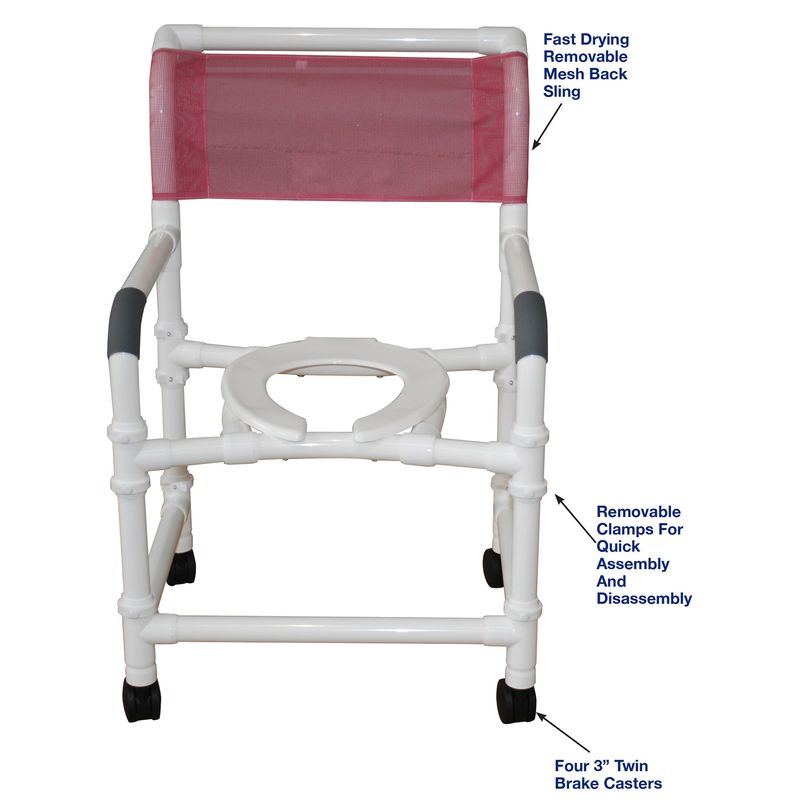 MJM International 122-3TW-KD New Knocked Down Shower Chair 22" Internal Width, Open Front Seat, 3" Twin Casters, 375 Lbs Weight Capacity