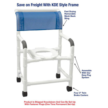 MJM International 122-3TW-KDE Knocked Down Mid-size Shower Chair, 22" Internal Width, 3" Twin Brake Casters, Open Front Seat, 375 Lbs Weight Capacity