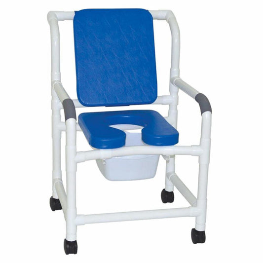MJM International 122-3TW-SSDE-CBP-SQ-PAIL-BL Wide Shower Chair 22", Deluxe Elongated Open Front Soft Seat Blue, 10 Qt Slide Out Commode Pail, 375 Lbs Weight Capacity