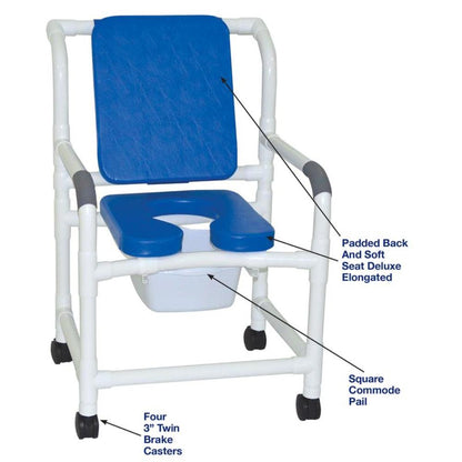 MJM International 122-3TW-SSDE-CBP-SQ-PAIL-BL Wide Shower Chair 22", Deluxe Elongated Open Front Soft Seat Blue, 10 Qt Slide Out Commode Pail, 375 Lbs Weight Capacity