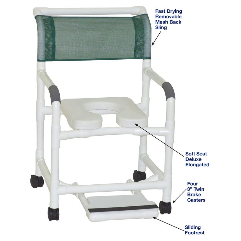 MJM International 122-3TW-SSDE-SF Wide Shower Chair 22" Deluxe Elongated Open Front Soft Seat And Slide Out Footrest, 375 Lbs Weight Capacity