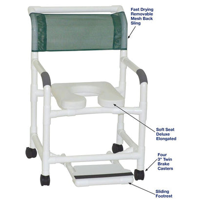 MJM International 122-3TW-SSDE-SF Wide Shower Chair 22" Deluxe Elongated Open Front Soft Seat And Slide Out Footrest, 375 Lbs Weight Capacity