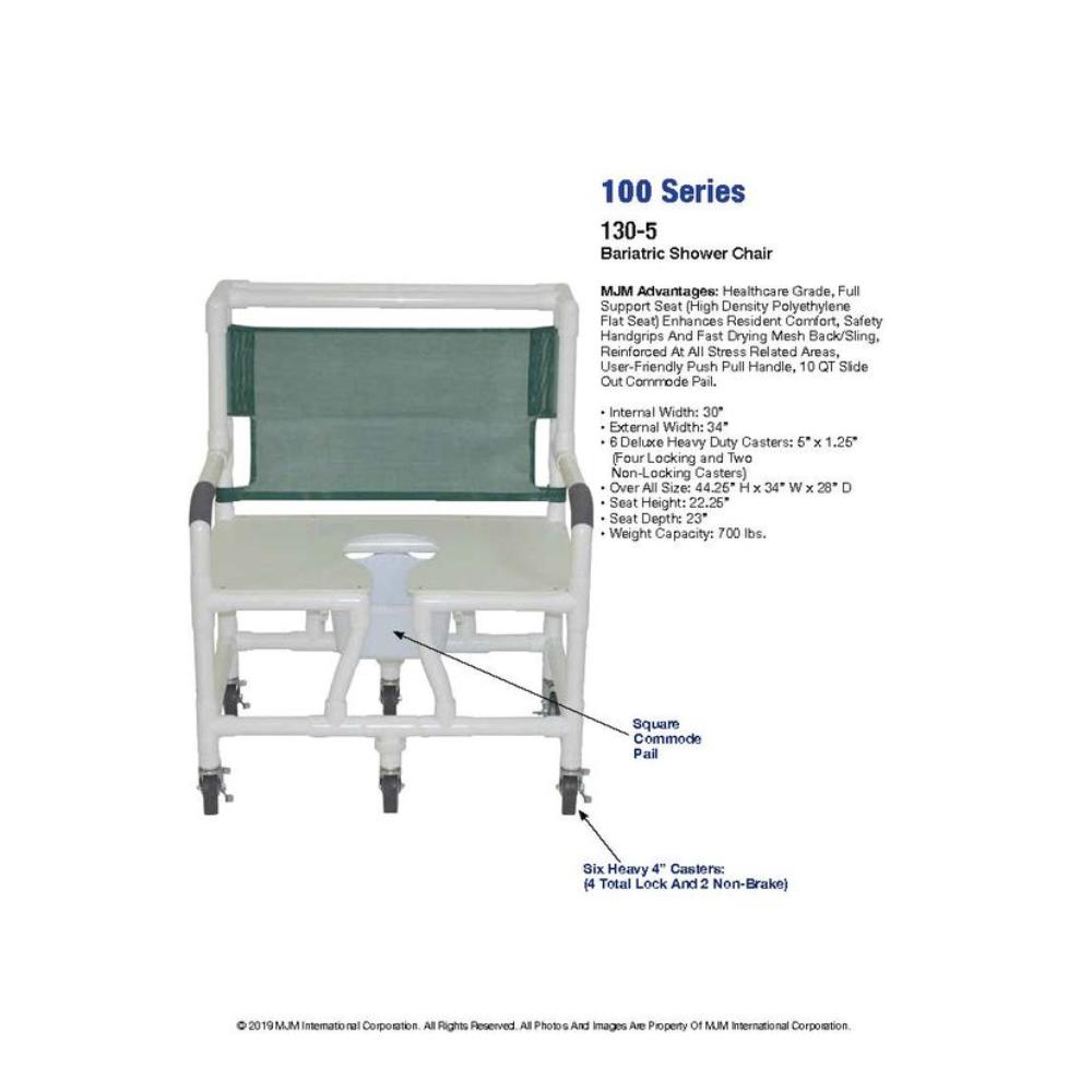 MJM International 130-5HD Bariatric Shower Chair 30" Internal Width, Full Support Seat With Commode Opening 700 Lbs Weight Capacity