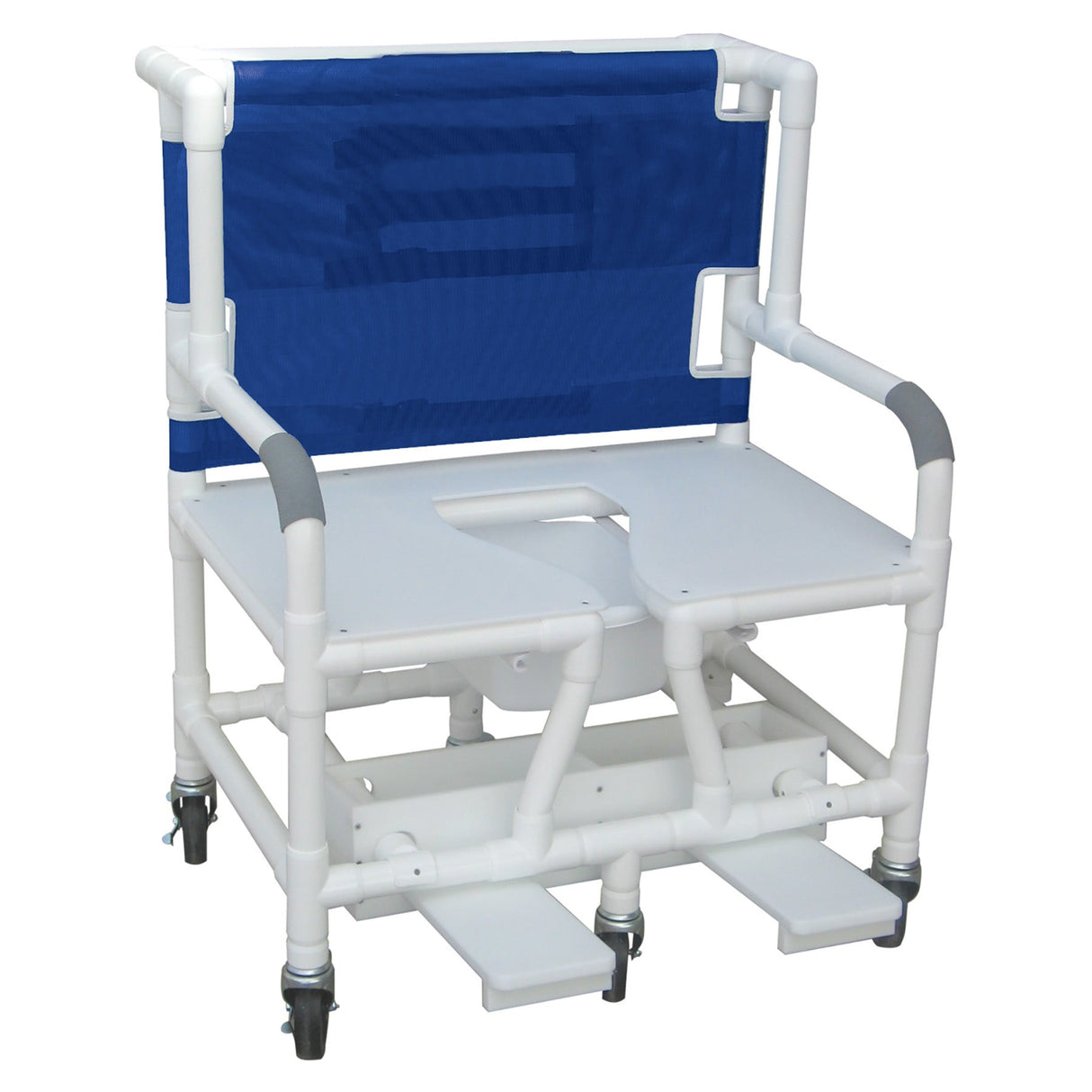 MJM International 131-5HD-DB Bariatric Shower Chair 30" Internal Width Full Support Seat With Commode Opening, Individual Slide Out Footrest, 900 Lbs Weight Capacity