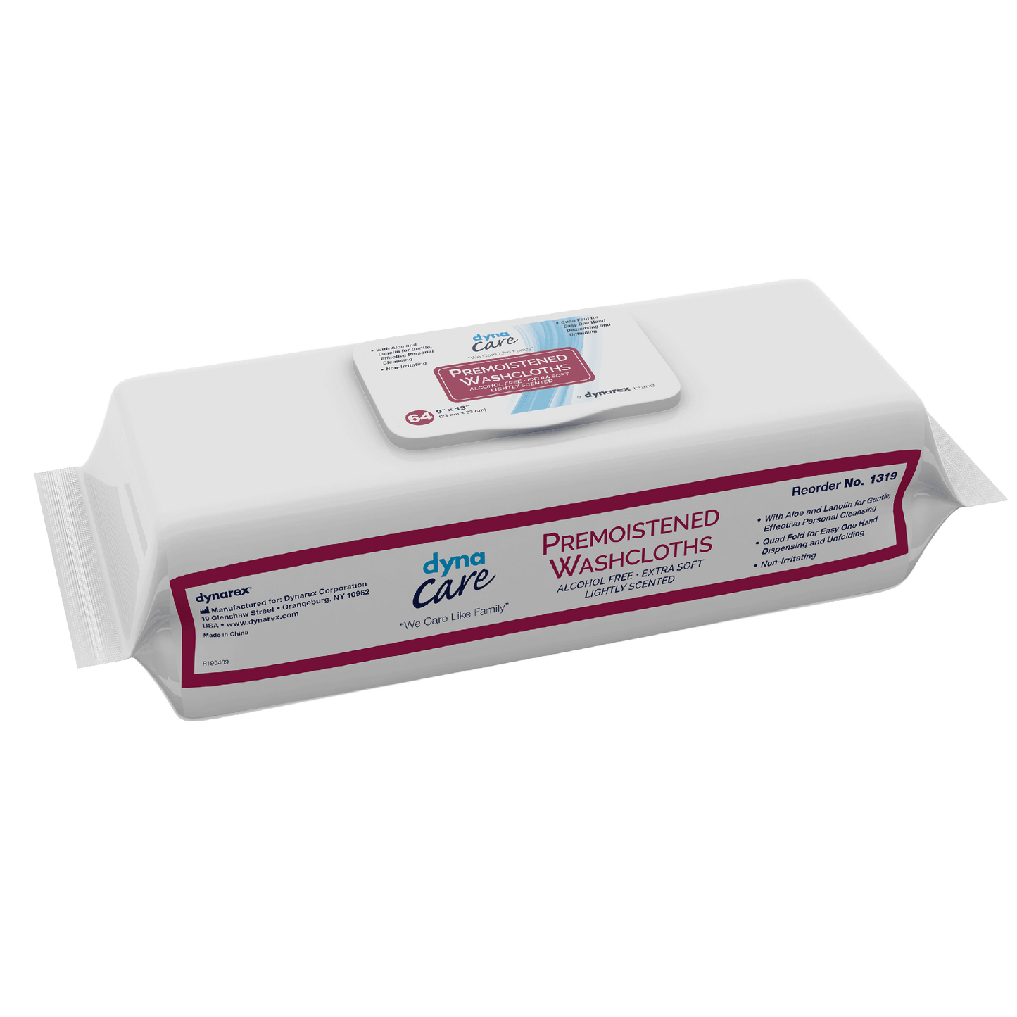 Dynarex Premoistened Adult Washcloths, 9" x 13" Soft Pack ReFill, 8pks/case (512 Count)