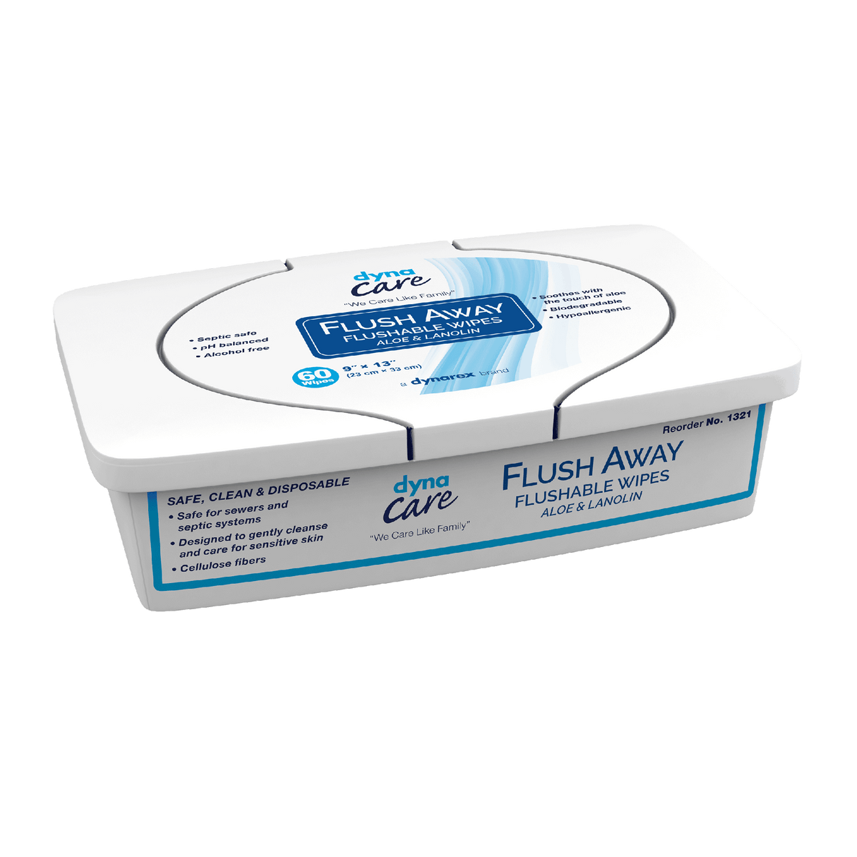 DynaCare Flushable Wipes - Adult, 9" x 13" Tub, 9tubs/case (540 Count)