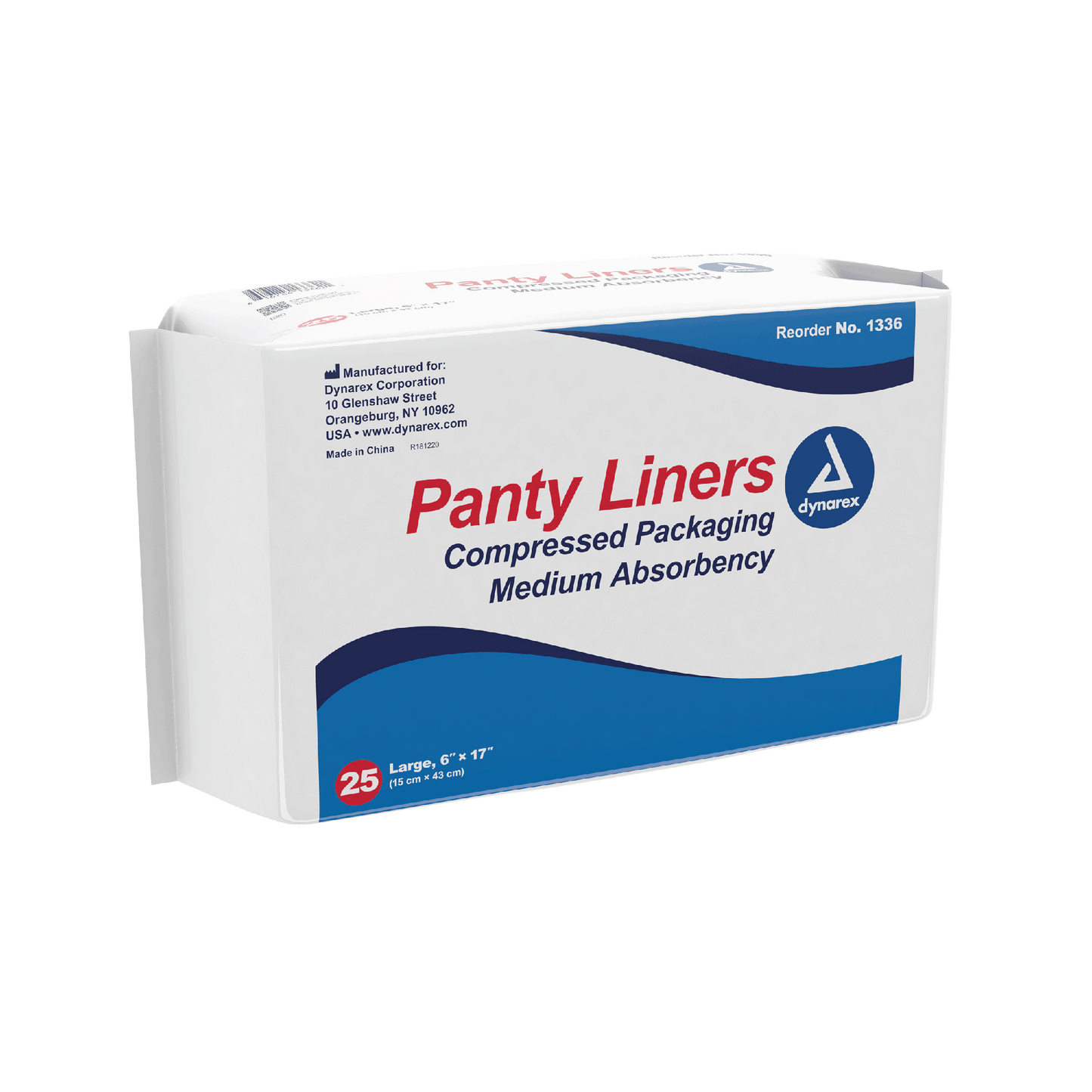 Dynarex Panty Liners, Sq End w/ Adhesive Tab - 25ea/bx, 10bxs/case (250 Count)
