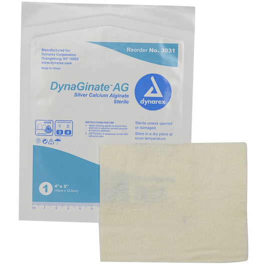 Dynarex DynaGinate AG - Silver Calcium Alginate Dressing, 4" x 5", 10ea/bx, 10bxs/cs (100 Count)