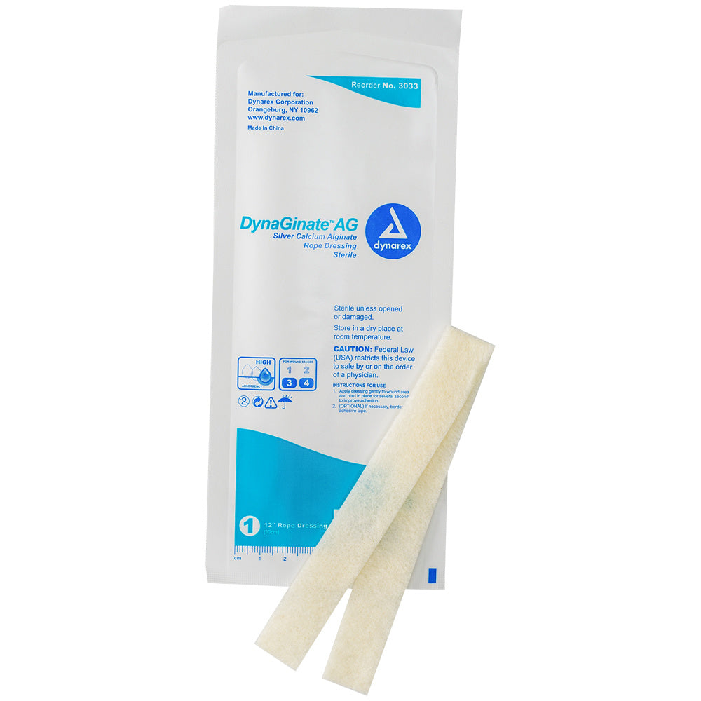 Dynarex DynaGinate AG - Silver Calcium Alginate Rope Dressing, 1/4" x 12"- 5ea/bx, 10bxs/cs (50 Count)