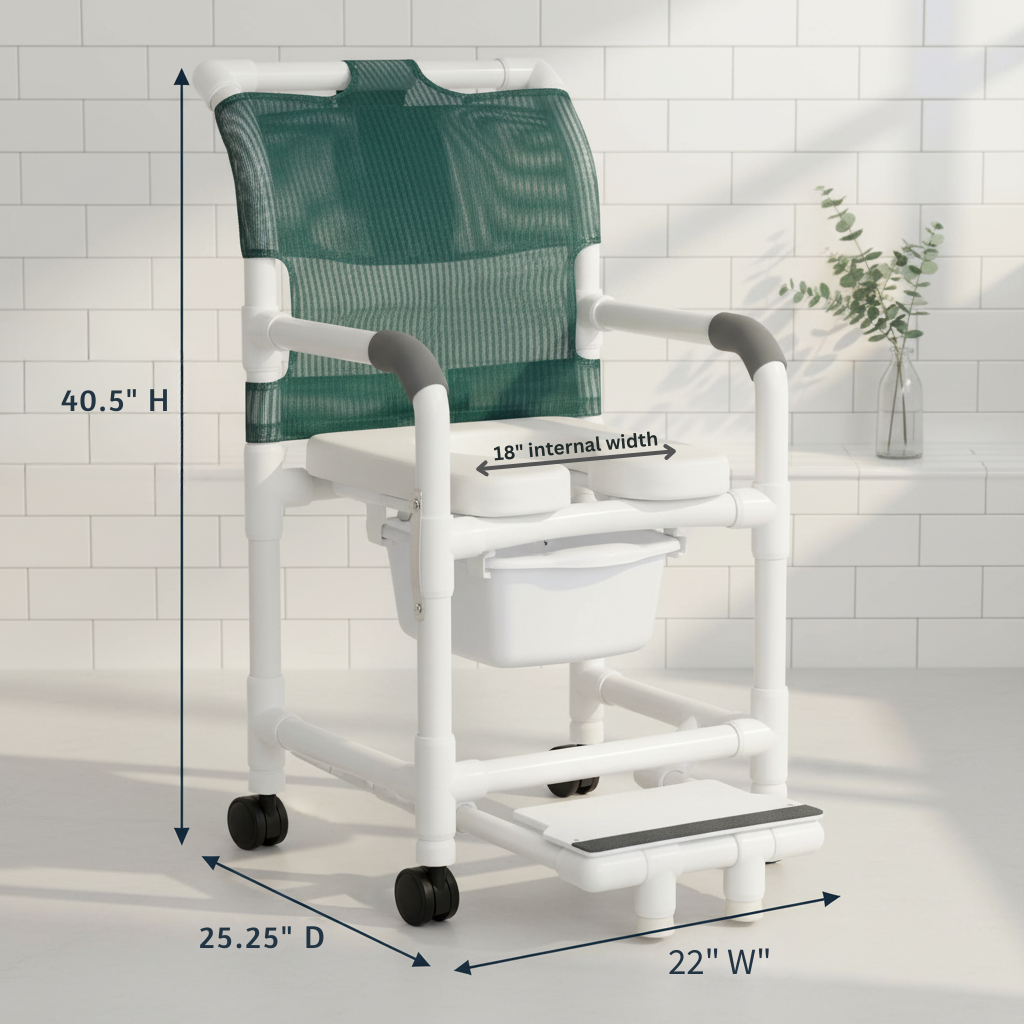 MJM International 118-3TW-DDA-SF-SQ-PAIL Shower chair 18" internal width, open front seat, 3" twin casters, with double drop arms, slide out footrest and 10 qt slide out square commode pail, 300 lbs weight capacity