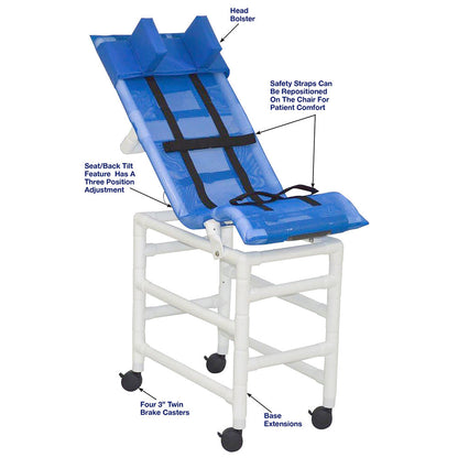 MJM International 191-LC-B-HB Reclining Bath Chair Large with Double Base and Head Bolster, 180 lbs Capacity, 41.5" Seat Height x 45" Length x 19.75" Width, Royal Blue