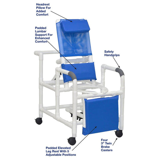 MJM International 193 Reclining Shower Chair Deluxe with Elongated Open Front Commode Seat 325 Lbs Weight Capacity