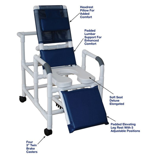 MJM International 193-SSDE Reclining Shower Chair, Open Front Soft Seat And Elevated Leg Extension, 325 Lbs Weight Capacity