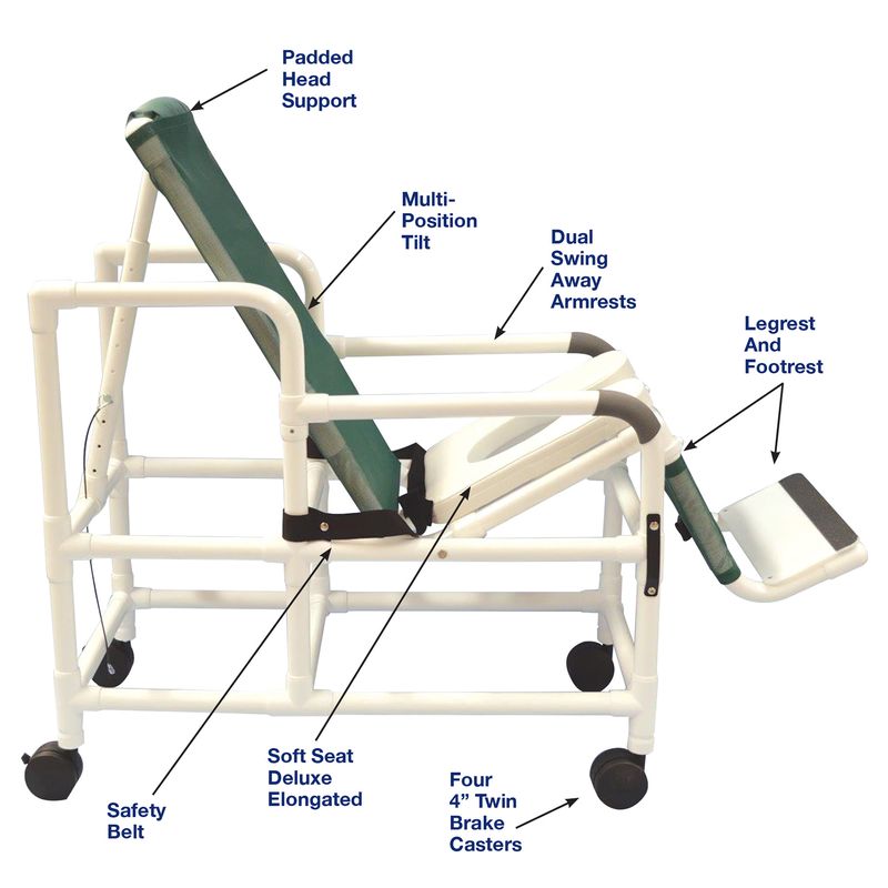 MJM International 193-TIS Tilt "N" Space Shower Chair With Open Front Soft Seat, Buckle Safety Belt, Double Drop Arms, 250 Lbs Weight Capacity