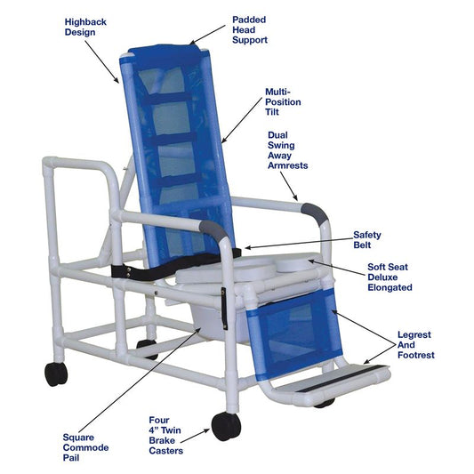 MJM International 193-TIS-SQ-PAIL Tilt "N" Space Shower Chair With Open Front Soft Seat, Buckle Safety Belt And Double Drop Arms, 250 Lbs Weight Capacity