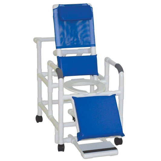 MJM International 196 Reclining Shower Chair Deluxe Elongated Open Front Commode Seat, Padded Elevated Leg Extension, 325 Lbs Weight Capacity