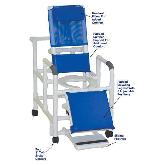 MJM International 196 Reclining Shower Chair Deluxe Elongated Open Front Commode Seat, Padded Elevated Leg Extension, 325 Lbs Weight Capacity