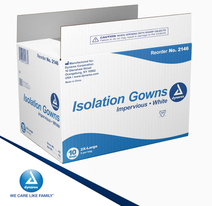 Dynarex Isolation Gown Poly - Coated Barrier, XX-Large, White - 5ea/bx, 10bxs/case (50 Count)