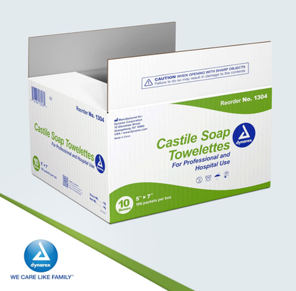 Dynarex Castile Soap Towelettes, 5" x 7", 100ea/bx, 10bxs/case (1000 Count)