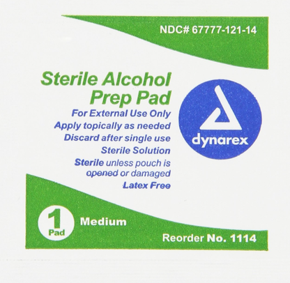 Dynarex Alcohol Prep Pad - Sterile, Medium, 100/bx, 20bxs/case (2000 Count)