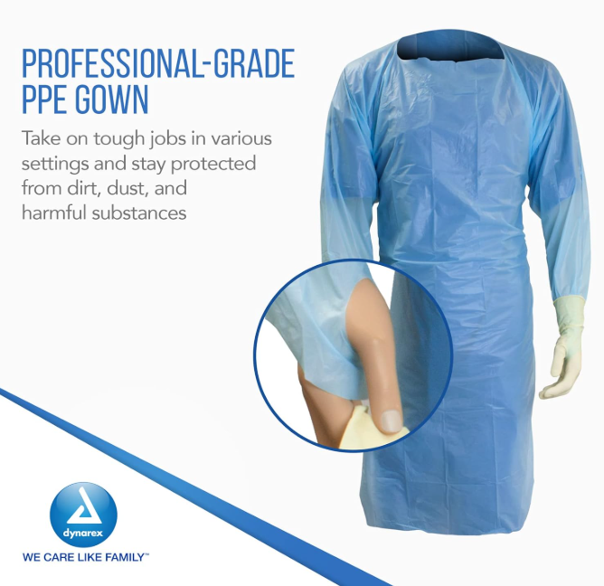 Dynarex CPE Thumb Loop Isolation Gown, Blue - 15ea/bx, 5bxs/case (75 Count)