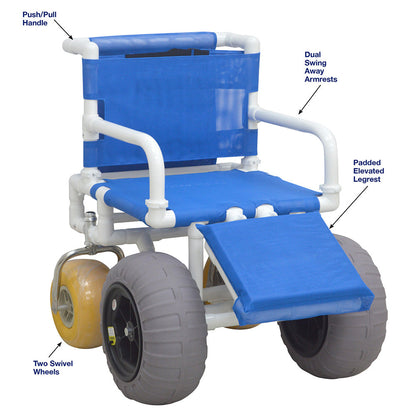 MJM International 722-ATC-ELR-YW-GRYW All Terrain Beach Wheelchair Heavy Duty Wheels Non-Corrosive Plastic Bearings, 2 Swivel And 2 Rigid Wheels, Padded Cushion Seat, User-Friendly Elevating Leg Rest