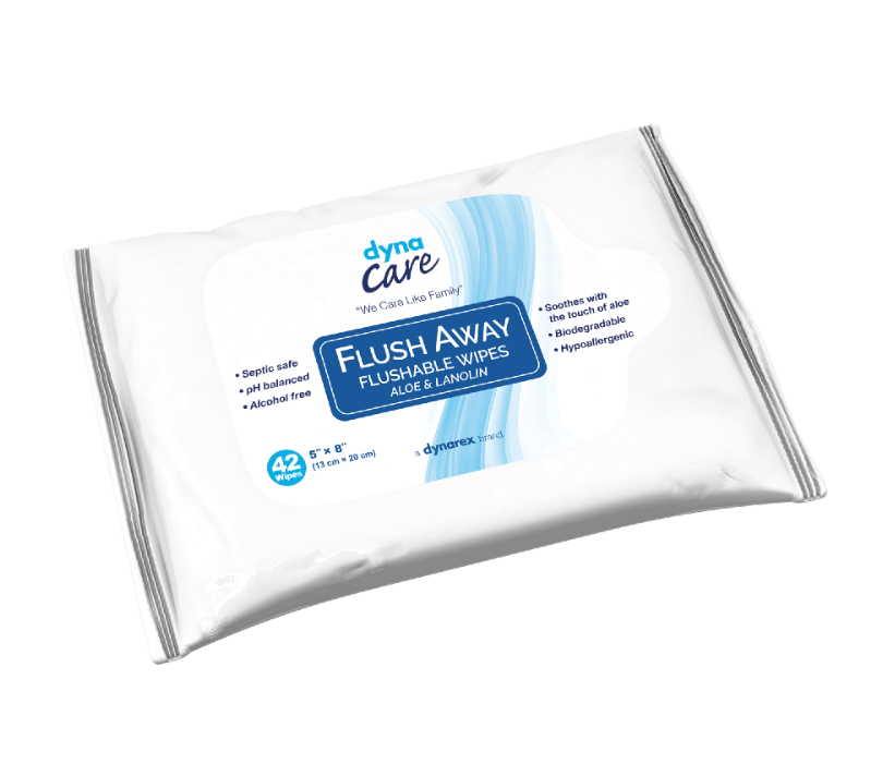 DynaCare Flushable Wipes - Junior, 5" x 8" Soft Pack, 12pks/case (504 Count)