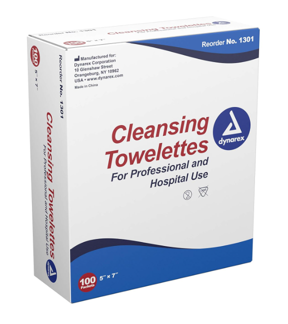 Dynarex Cleansing Towelettes, 5" x 7", 100ea/bx, 10bxs/case (1000 Count)
