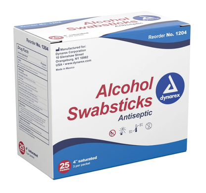 Dynarex Alcohol Swabsticks, 4", 3 Swabsticks per Packet, 10bxs/case (250 Count)