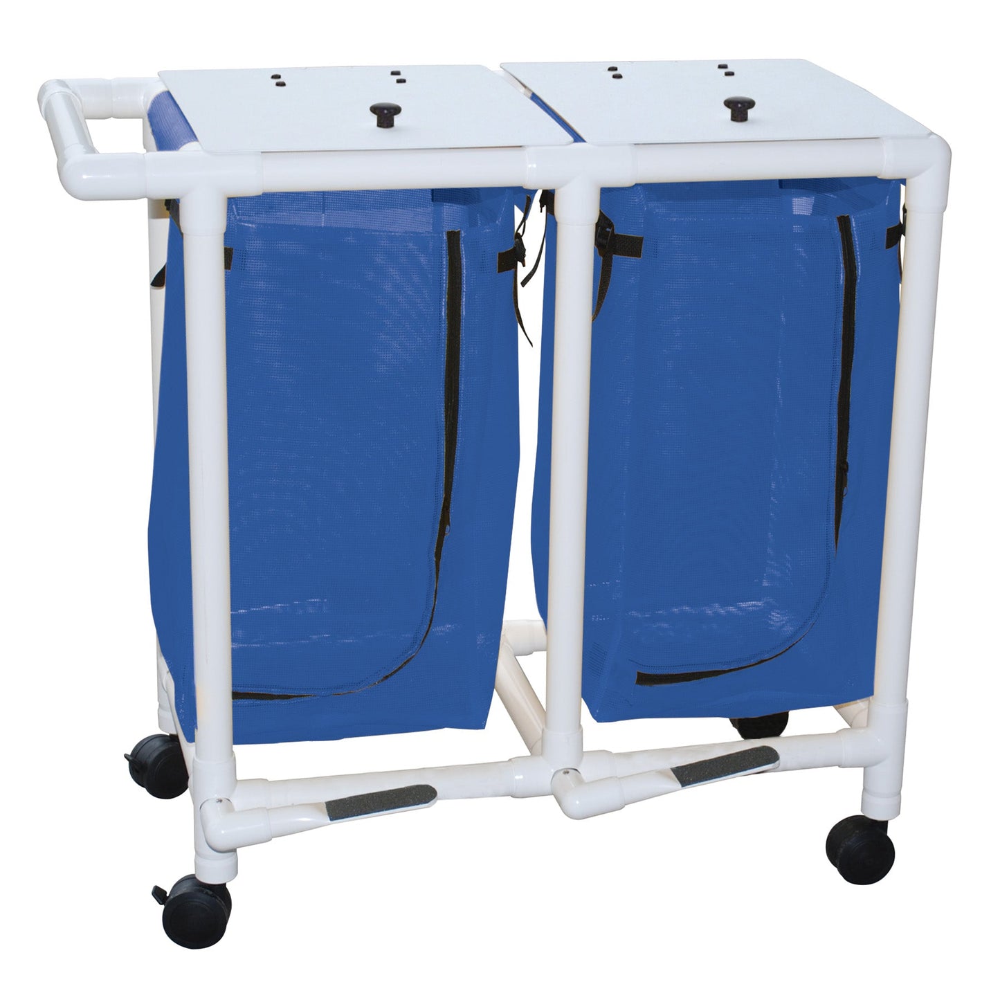 MJM International 214-D-FP Double hamper with mesh bag (23 gallon capacity per bag), 3" twin casters, zipper opening, push/pull handle & footpedal