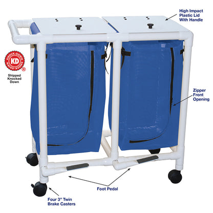 MJM International 214-D-FP Double hamper with mesh bag (23 gallon capacity per bag), 3" twin casters, zipper opening, push/pull handle & footpedal