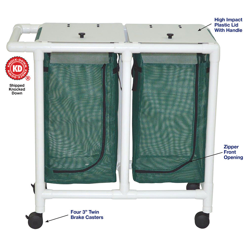 MJM International 214-D Double hamper with mesh bag (23 gallon capacity per bag), 3" twin casters, zipper opening, push/pull handle