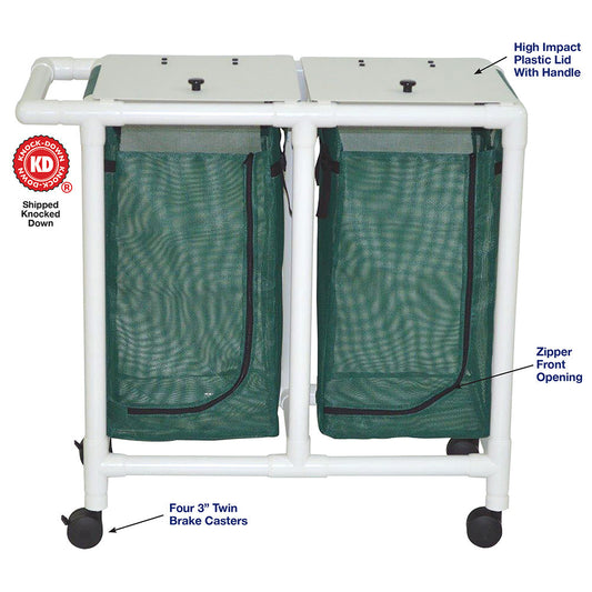 MJM International 214-D Double hamper with mesh bag (23 gallon capacity per bag), 3" twin casters, zipper opening, push/pull handle