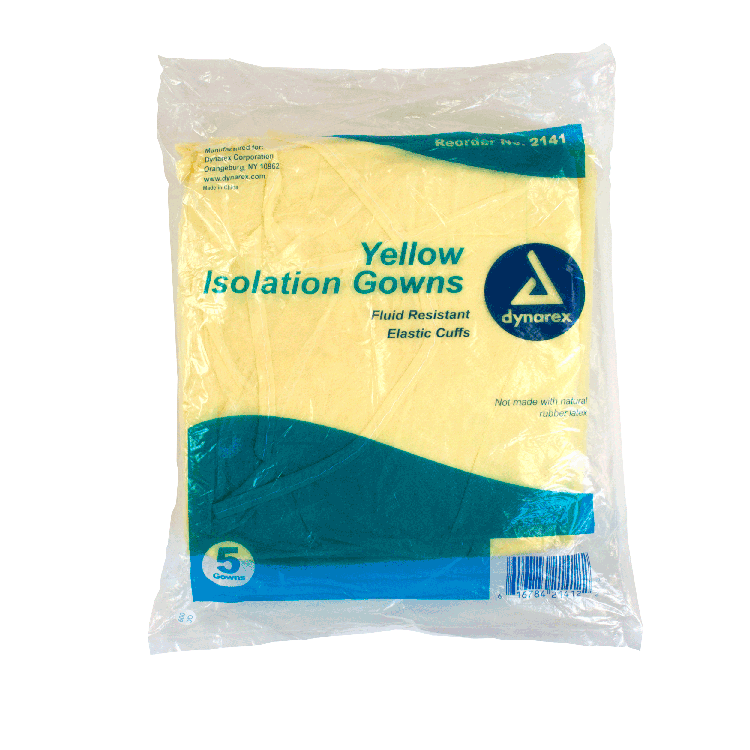 Dynarex Isolation Gown Fluid Resistant, Universal, Yellow - 5ea/bx, 10bxs/case (50 Count)