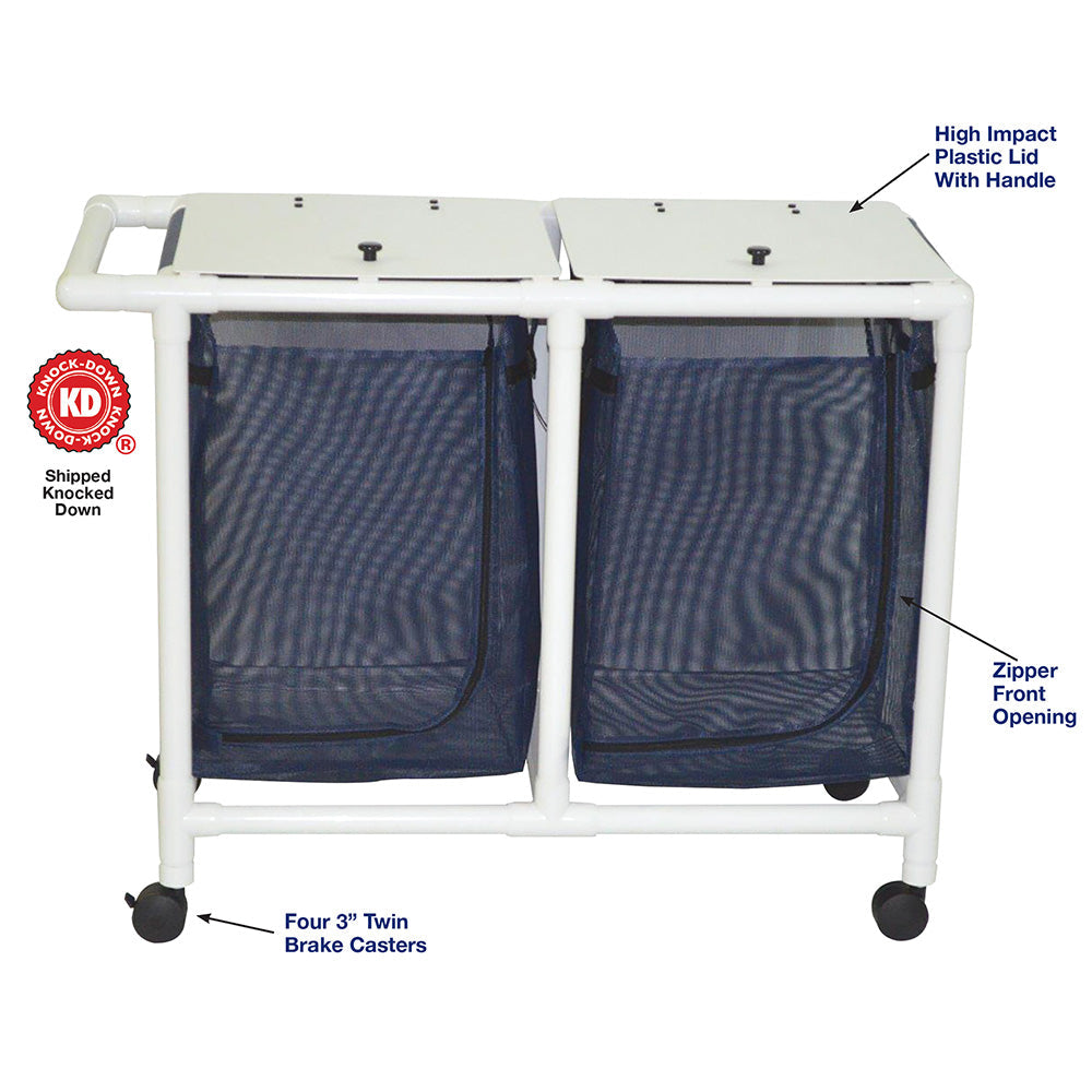 MJM International 218-D Double hamper with mesh bag (43 gallon capacity per bag), 3" twin casters, zipper opening, push/pull handle